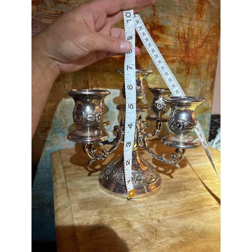 Vintage Silver Plated 5 Light Candelabra Ornate Floral Embossed 7 In Centerpiece - Picture 2 of 6